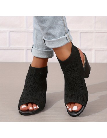 Women's Chunky Heeled Sandals, Knitting Peep Toe Slip On Slingback Low Heels, Fashion Fabric Sandals