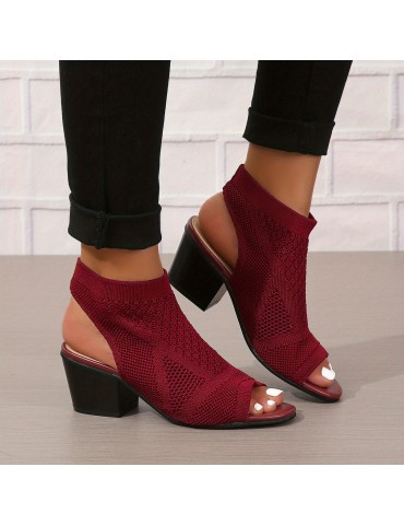 Women's Chunky Heeled Sandals, Knitting Peep Toe Slip On Slingback Low Heels, Fashion Fabric Sandals
