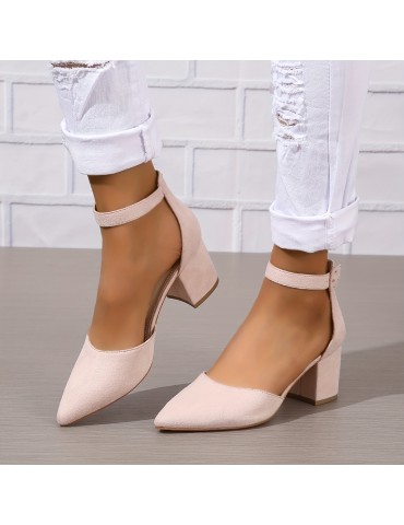 Women's D'Orsay Chunky Mid Heels, Solid Color Pointed Toe Ankle Strap Sandals, Versatile Fashion Sandals