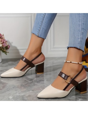 Women's Colorblock Sandals, Ankle Buckle Strap Comfy Block Heel Shoes, Trendy Point Toe Shoes