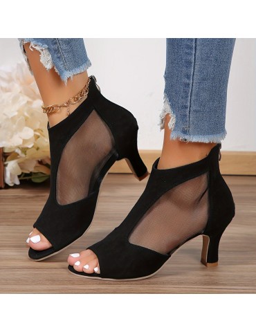 Women's Breathable Mesh Chunky Heel Sandals, Fashion Open Toe Dress Pumps, Stylish Back Zipper Sandals