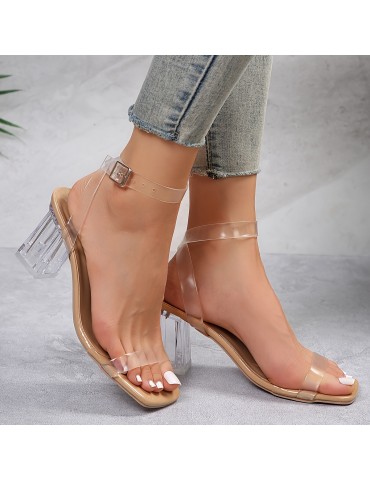 Women's Chunky Heel Sandals, Casual Square Toe Dress Pumps, Fashion Transparent Buckle Strap Heels