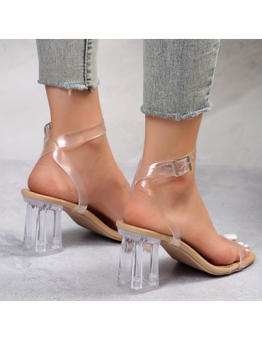 Women's Chunky Heel Sandals, Casual Square Toe Dress Pumps, Fashion Transparent Buckle Strap Heels