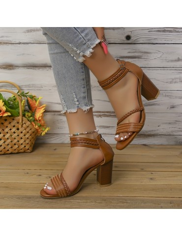 Women's Block Heeled Sandals, Braided Strap Peep Toe Ankle Strap Zipper High Heels, Fashion Stacked Heeled Sandals