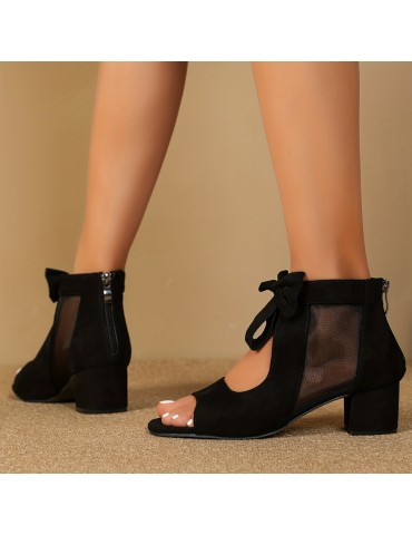 Women's Solid Color Chunky Heel Sandals, Fashion Bowknot Decor Dress Pumps, Stylish Back Zipper Heels