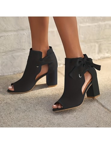 Women's Bowknot Design Sandals, Peep Toe Side Cut Out Solid Color Chunky Heel Shoes, Summer Holiday Dress Shoes