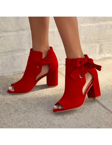 Women's Bowknot Design Sandals, Peep Toe Side Cut Out Solid Color Chunky Heel Shoes, Summer Holiday Dress Shoes