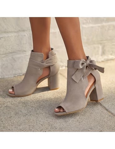 Women's Bowknot Design Sandals, Peep Toe Side Cut Out Solid Color Chunky Heel Shoes, Summer Holiday Dress Shoes