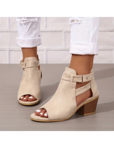 Women's Chunky Heeled Sandals, Peep Toe Solid Color Cut-out Back Zipper Low Heels, Retro Stacked Heeled Sandals