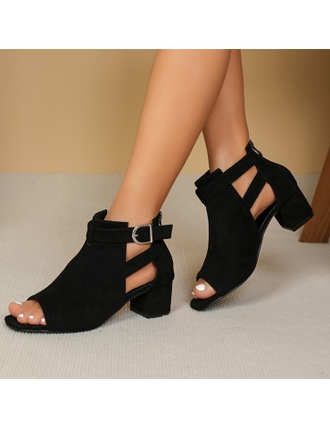 Women's Solid Color Chunky Heel Sandals, Fashion Square Toe Back Zipper Sandals, Comfortable Buckle Strap Summer Shoes