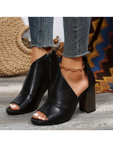 Women's Block Heeled Sandals, Fashion Peep Toe Side Zipper Pumps, Comfortable Summer Sandals
