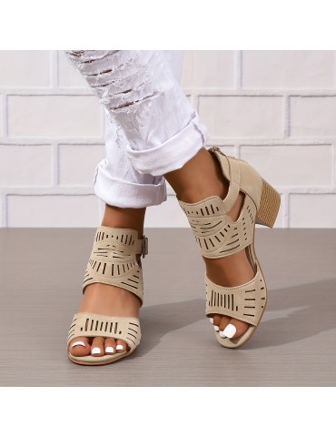 Women's Chunky Heeled Sandals, Peep Toe Perforated Ankle Buckle Strap Mid Heels, Back Zipper Design Sandals