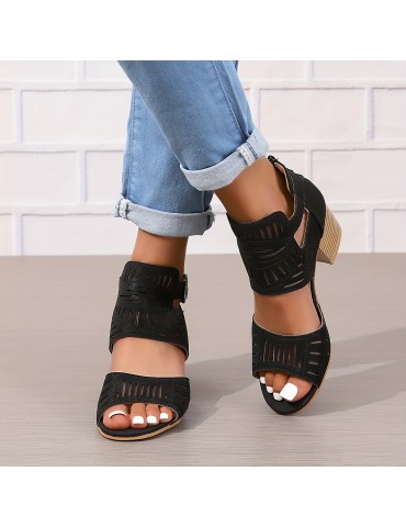 Women's Chunky Heeled Sandals, Peep Toe Perforated Ankle Buckle Strap Mid Heels, Back Zipper Design Sandals
