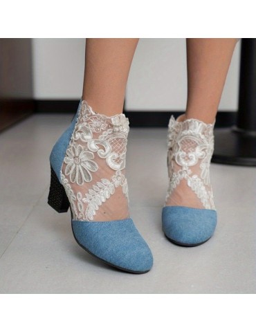Women's Block Heeled Sandals, Trendy Lace Back Zipper Pumps, Fashion Versatile Dress Heels
