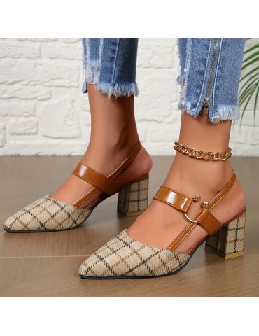 Women's Chunky Heeled Sandals, Plaid Pointed Toe Slingback Mid Heels, Versatile Sandals