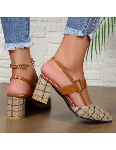 Women's Chunky Heeled Sandals, Plaid Pointed Toe Slingback Mid Heels, Versatile Sandals