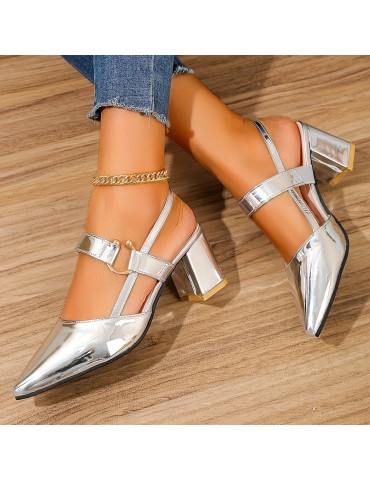 Women's Pointed Toe Block High Heel Sandals, Fashion Solid Color Slingback Shoes, Versatile Mid Heels