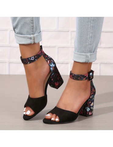 Women's Chunky Heeled Sandals, Peep Toe Floral Print Ankle Strap High Heels, Fashion Canvas Sandals