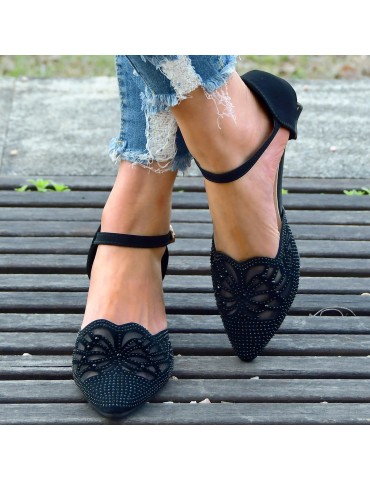 Women's Chunky Heeled Sandals, Rhinestone Mesh Pointed Toe Ankle Strap Shoes, Stylish Mid Heeled D'Orsay Shoes