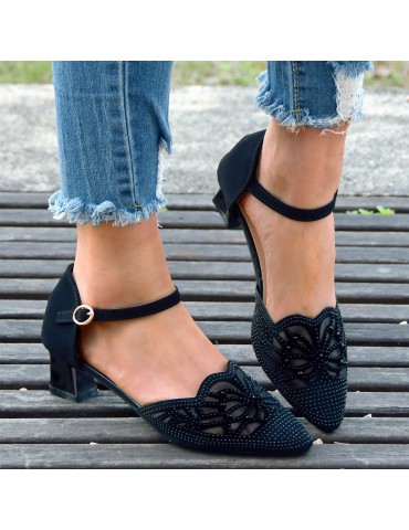 Women's Chunky Heeled Sandals, Rhinestone Mesh Pointed Toe Ankle Strap Shoes, Stylish Mid Heeled D'Orsay Shoes