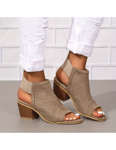 Women's Chunky Heeled Sandals, Retro Perforated Peep Toe Elastic Strap Slingback Shoes, Solid Color Slip On Sandals