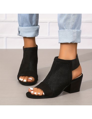 Women's Chunky Heeled Sandals, Retro Perforated Peep Toe Elastic Strap Slingback Shoes, Solid Color Slip On Sandals