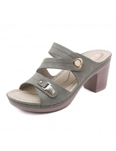Women's Hollow Out Chunky Heeled Mules, Metal Buckle Seam Strap Open Toe Slip On Sandals, Women's Footwear