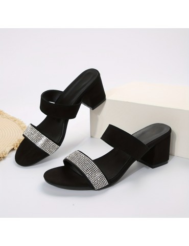 Women's Chunky Heeled Sandals, Rhinestone Double Band Open Toe High Heels, All-Match Slip On Sandals