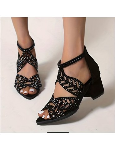 Women's Chunky Heeled Sandals, Peep Toe Rhinestone Decor Back Zipper Mid Heels, Fashion Dress Shoes