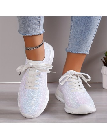 Women's Glitter Sequins Decor Sneakers, Casual Lace Up Outdoor Shoes, Lightweight Low Top Walking Shoes