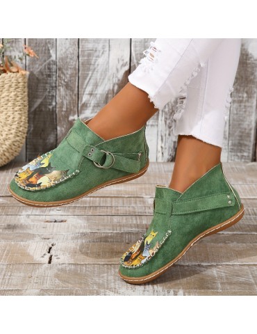 Women's Cute Cat Pattern Ankle Boots, Retro Round Toe Buckle Slip On Shoes, Comfortable Low Top Shoes
