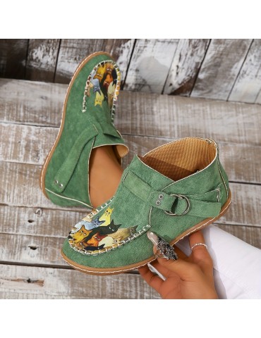 Women's Cute Cat Pattern Ankle Boots, Retro Round Toe Buckle Slip On Shoes, Comfortable Low Top Shoes