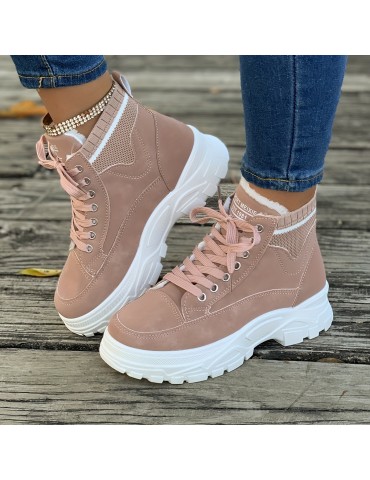 Women's Platform Sneakers, Casual Lace Up Plush Lined Shoes, Comfortable High Top Shoes