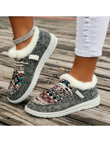Women's Tribal Pattern Canvas Shoes, Winter Plush Lined Low Top Sneakers, Thermal Outdoor Walking Flat Shoes