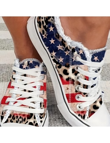 Women's Star & Striped Print Sneakers, Casual Lace Up Outdoor Shoes, Lightweight The 4th Of July Shoes