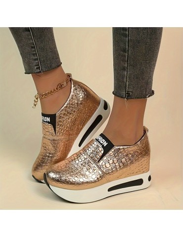 Women's Crocodile Pattern Platform Sneakers, Fashion Slip On Outdoor Shoes, Comfortable Low Top Shoes