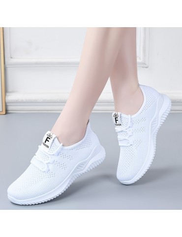 Women's Solid Color Knitted Sneakers, Lace Up Breathable Platform Comfy Sporty Trainers, Versatile Low-top Running Shoes