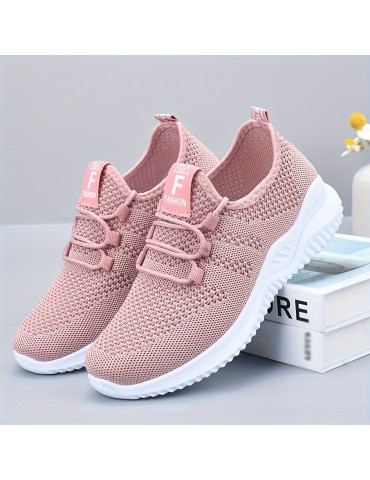 Women's Solid Color Knitted Sneakers, Lace Up Breathable Platform Comfy Sporty Trainers, Versatile Low-top Running Shoes