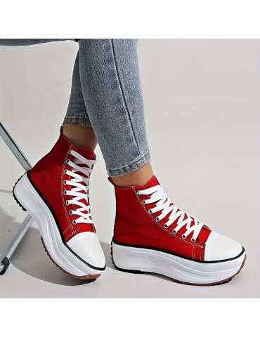 Women's Solid Color Casual Sneakers, Lace Up Soft Sole Platform Skate Shoes, Versatile High-top Canvas Shoes