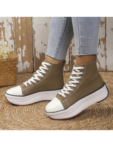 Women's Solid Color Casual Sneakers, Lace Up Soft Sole Platform Skate Shoes, Versatile High-top Canvas Shoes
