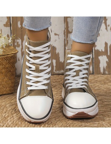 Women's Solid Color Casual Sneakers, Lace Up Soft Sole Platform Skate Shoes, Versatile High-top Canvas Shoes