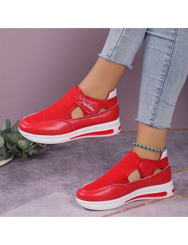 Women's Knitted Sports Shoes, Breathable Round Toe Cut-out Chunky Shoes, Casual Outdoor Walking Shoes
