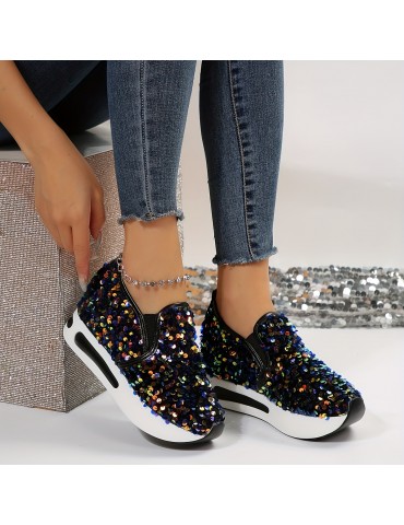 Women's Sequins Platform Sneakers, Casual Low Top Slip On Wedge Sports Shoes, Fashion Walking Trainers