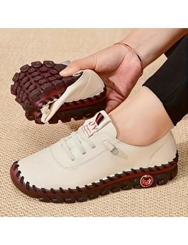 Women's Trendy Faux Leather Sneakers, Casual Lace Up Outdoor Shoes, Lightweight Low Top Shoes
