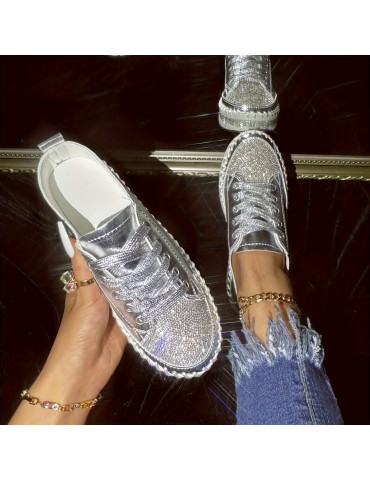 Women's Rhinestone Flat Sneakers, Fashion Round Toe Lace Up Low Top Skate Shoes, All-Match Outdoor Trainers
