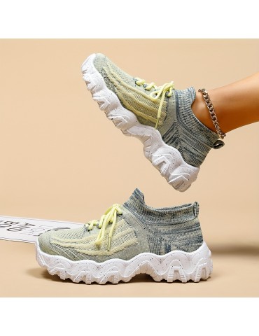 Women's Breathable Knit Platform Sneakers, Casual Lace Up Outdoor Shoes, Comfortable Low Top Trainers