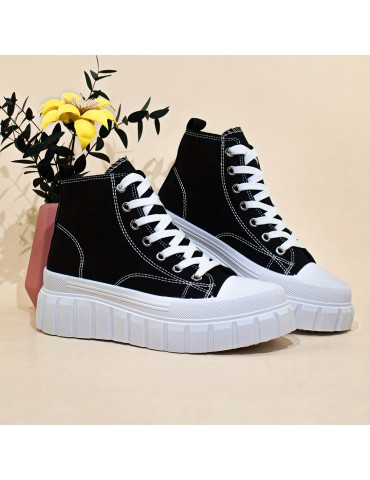 Women's Solid Color Canvas Shoes, Lace Up Comfy Platform Casual Shoes, Versatile High-top Shoes