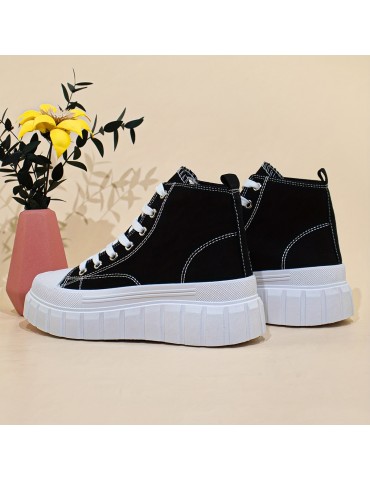 Women's Solid Color Canvas Shoes, Lace Up Comfy Platform Casual Shoes, Versatile High-top Shoes