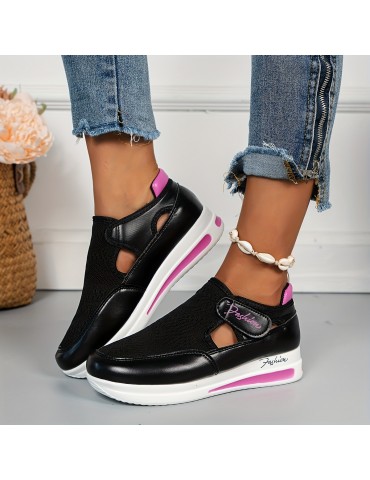 Women's Breathable Knit Platform Sneakers, Casual Hook & Loop Outdoor Shoes, Comfortable Cutout Shoes