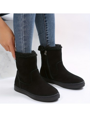 Women's Solid Color Short Boots, Casual Side Zipper Plush Lined Boots, Women's Comfortable Boots